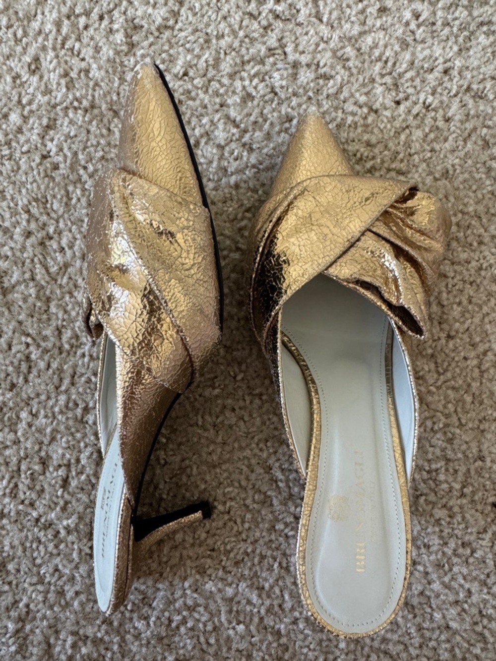 Bruno Magli Metallic Gold Pointed-Toe Knot Mules